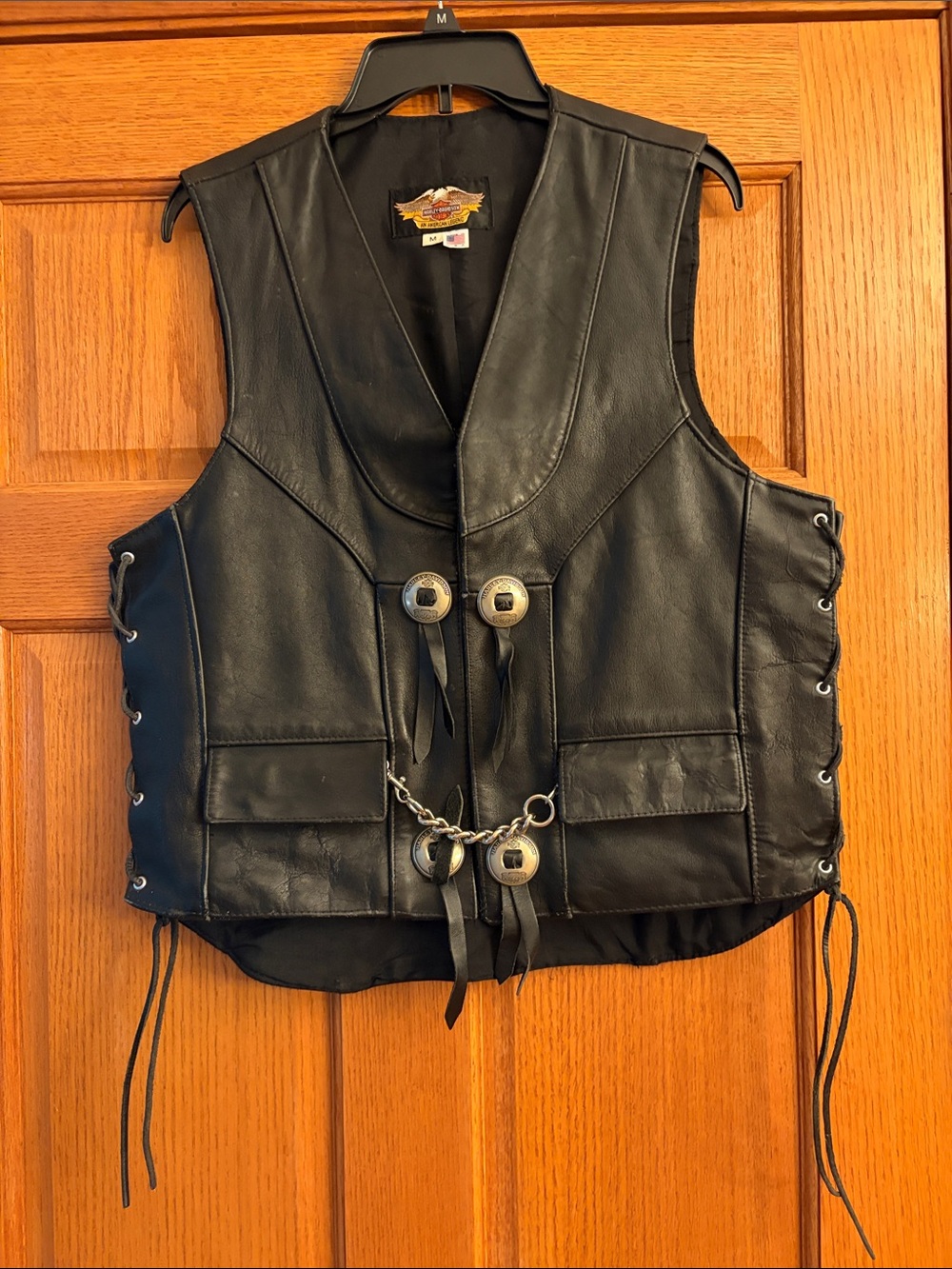 Harley-Davidson Black Leather Women's Vest with Concho and Chain Accents size M